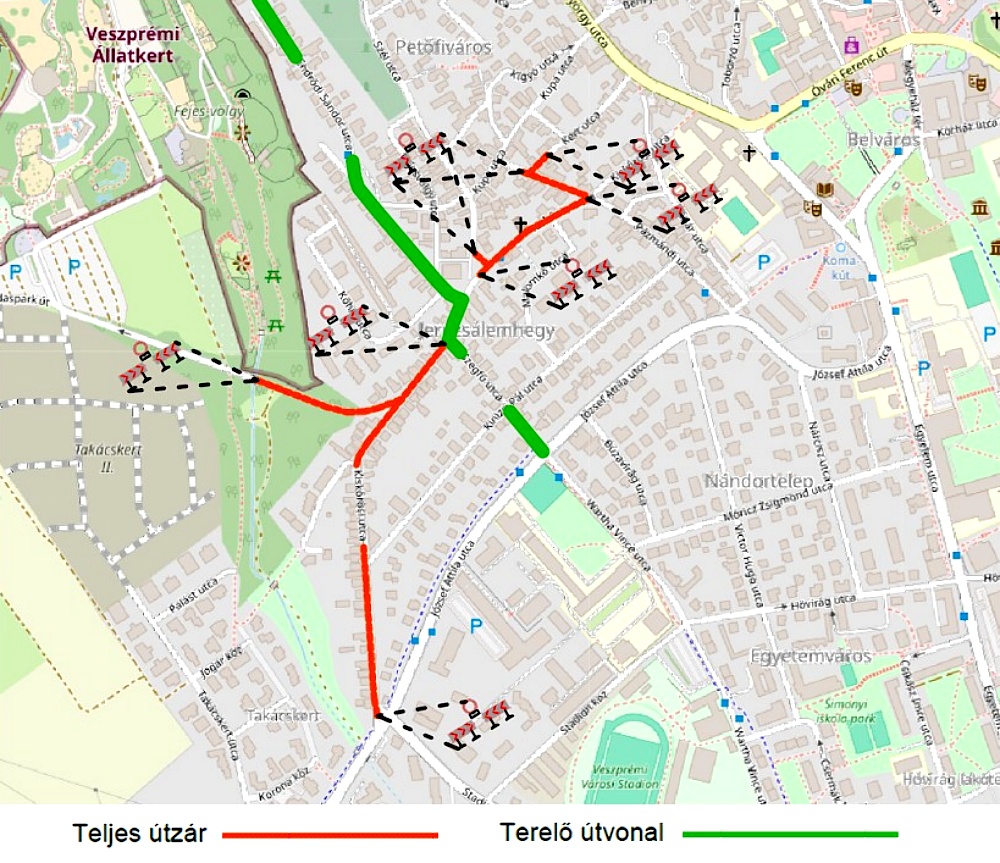 Térkép a lezárt útszakaszok jelölésével